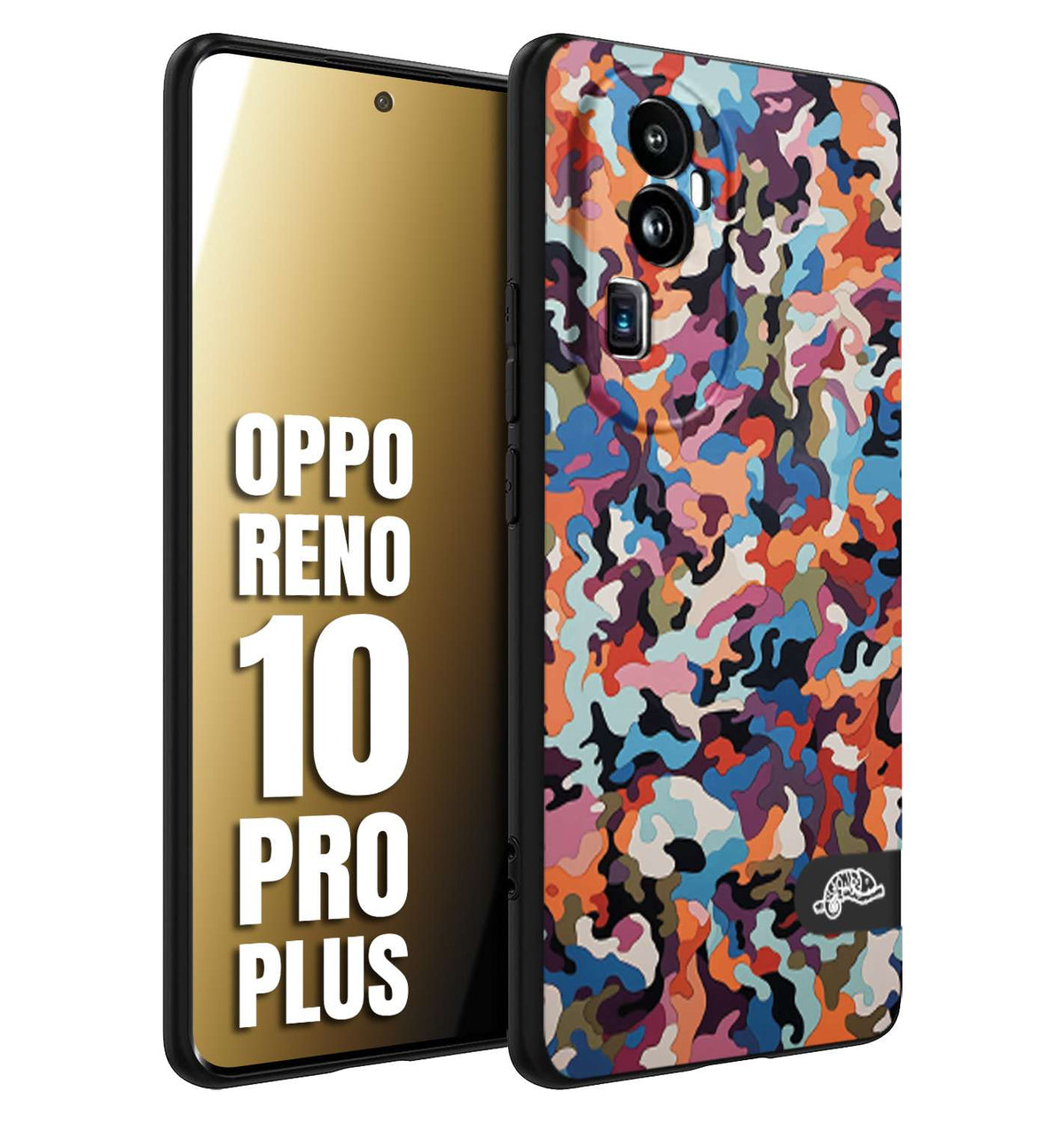 CUSTOMIZZA - Custodia cover nera morbida in tpu compatibile per Oppo Reno 10 PRO PLUS camouflage mimetico militare moderno blu arancio rosa