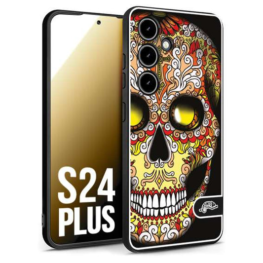 CUSTOMIZZA - Custodia cover nera morbida in tpu compatibile per Samsung S24 PLUS teschio messicano Mexican skull giallo rosso arancio