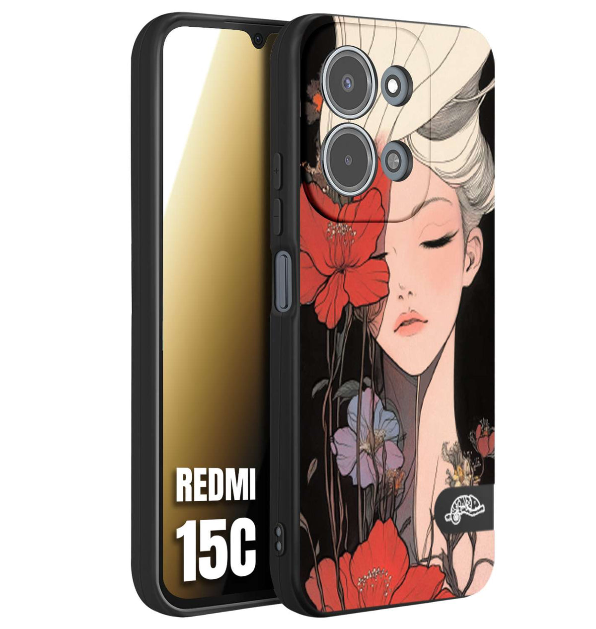 CUSTOMIZZA - Custodia cover nera morbida in tpu compatibile per Xiaomi Redmi 15C woman flower Fantasia Floreale Design Donna e Fiori, Retro Artistico