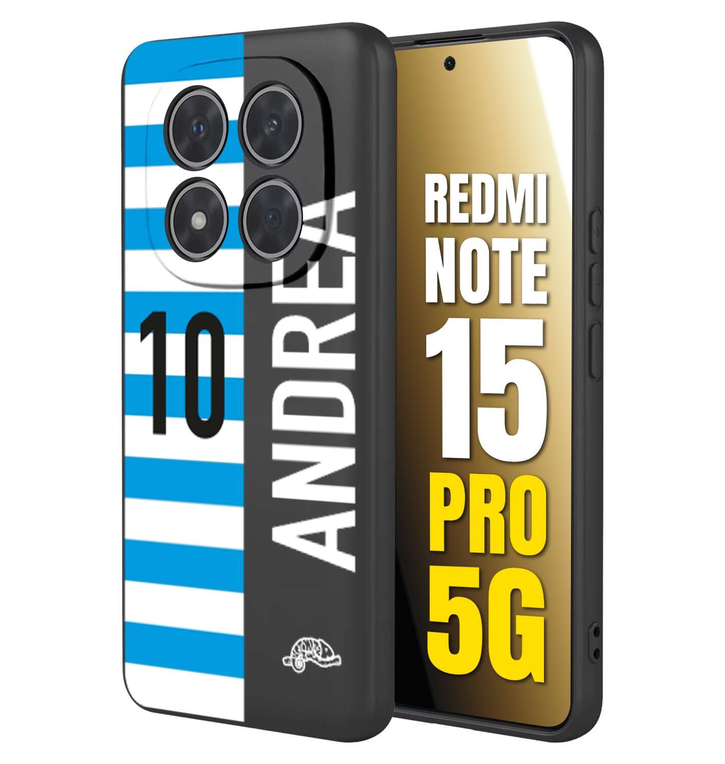 CUSTOMIZZA - Custodia cover nera morbida in tpu compatibile per Xiaomi Redmi Note 15 PRO 5G personalizzata calcio football nome e numero calciatori biancazzurri