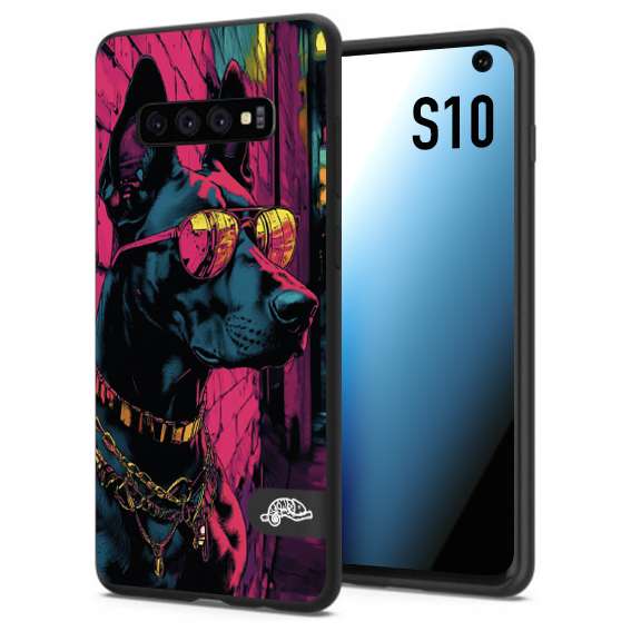 CUSTOMIZZA - Custodia cover nera morbida in tpu compatibile per Samsung S10 animali cyberpunk dobermann cane street dog fucsia blu
