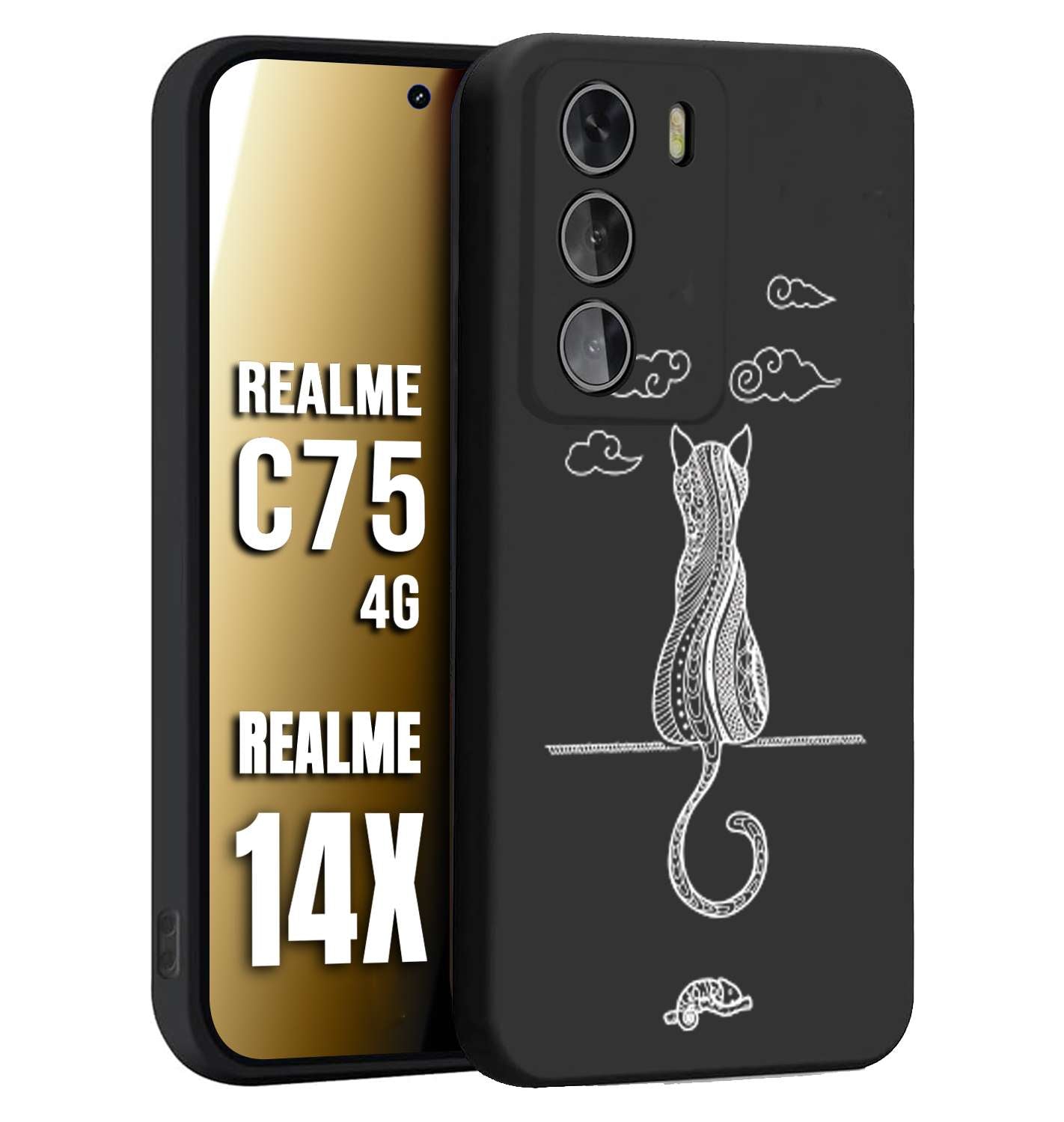 CUSTOMIZZA - Custodia cover nera morbida in tpu compatibile per Realme 14X - C75 4G gatto mandala stilizzato gattino a rilievo soft touch donna bianca