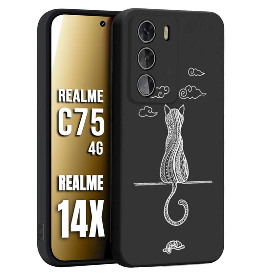 CUSTOMIZZA - Custodia cover nera morbida in tpu compatibile per Realme 14X - C75 4G gatto mandala stilizzato gattino a rilievo soft touch donna bianca