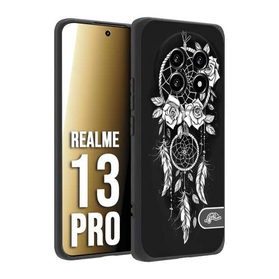 CUSTOMIZZA - Custodia cover nera morbida in tpu compatibile per Realme 13 PRO acchiappasogni dreamcatcher black and white bianco a rilievo disegnato tattoo tatuaggio