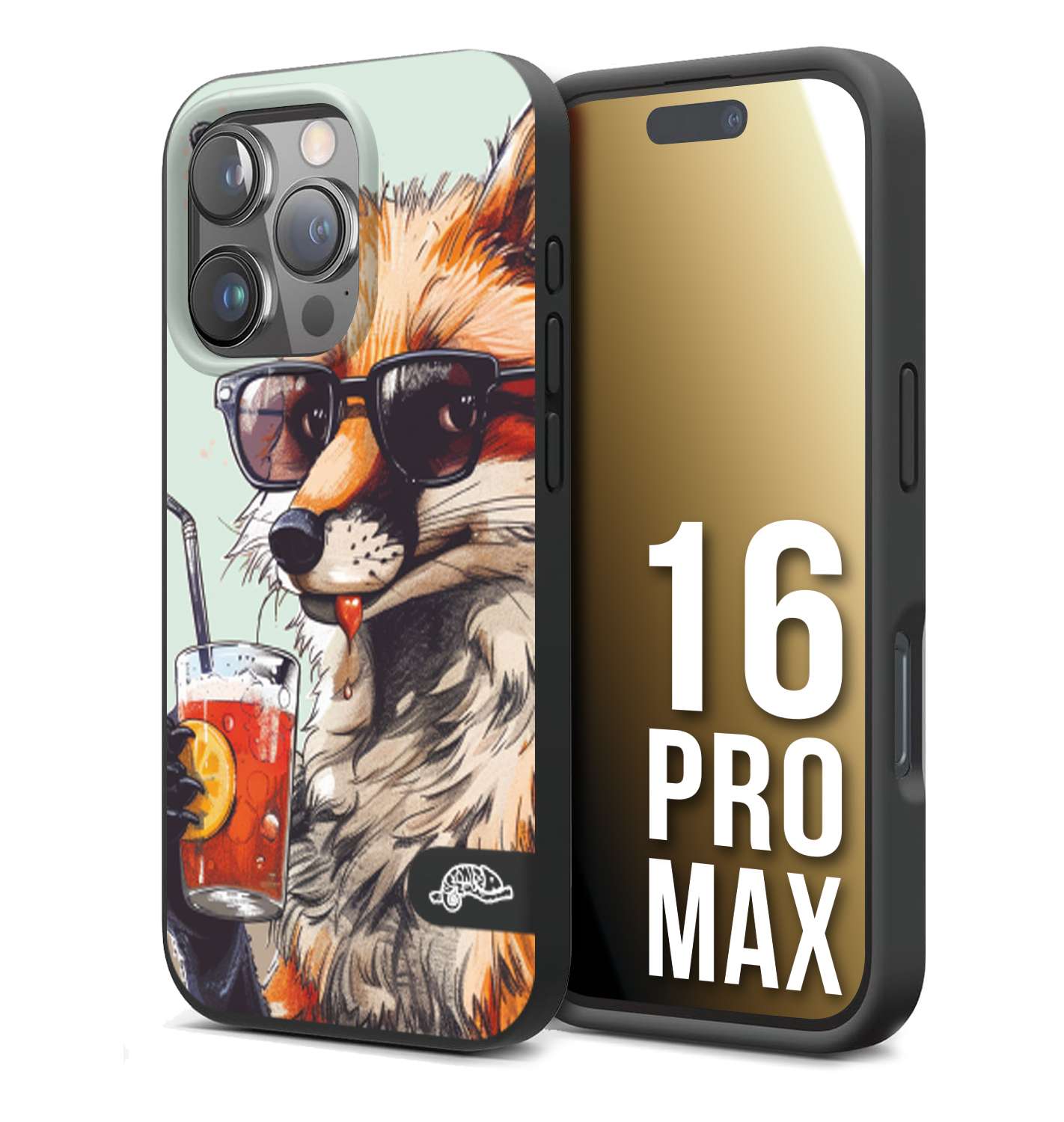 CUSTOMIZZA - Custodia cover nera morbida in tpu compatibile per iPhone 16 PRO MAX estate disegnata cocktails animali simpatici fox volpe negroni