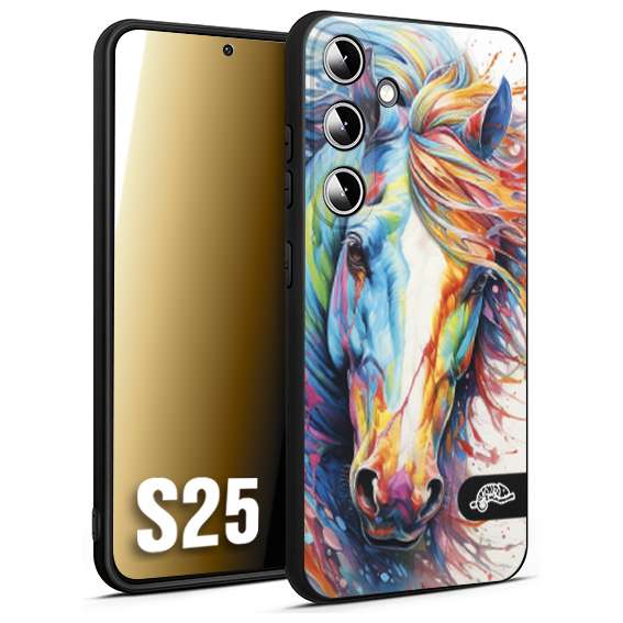 CUSTOMIZZA - Custodia cover nera morbida in tpu compatibile per Samsung S25 animali color cavallo horse viso colori vibranti disegnato schizzo