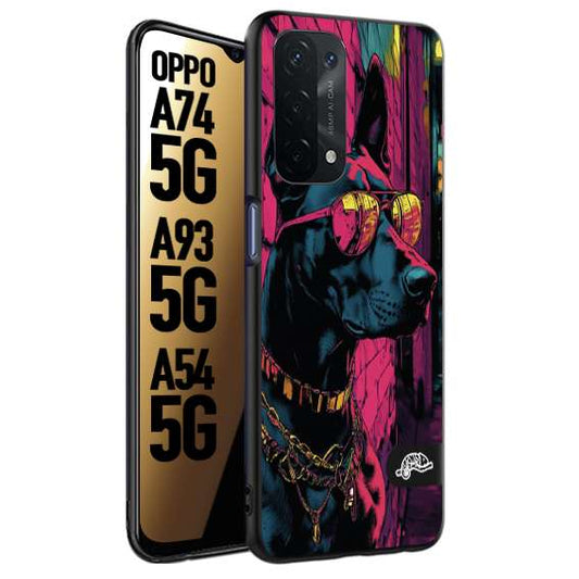 CUSTOMIZZA - Custodia cover nera morbida in tpu compatibile per Oppo A74 5G - A93 5G - A54 5G animali cyberpunk dobermann cane street dog fucsia blu