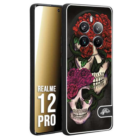 CUSTOMIZZA - Custodia cover nera morbida in tpu compatibile per Realme 12 PRO teschi e rose rosse fucsia skull and roses