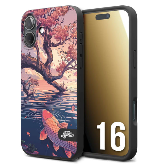 CUSTOMIZZA - Custodia cover nera morbida in tpu compatibile per iPhone 16 giapponese lago carpa koi rosa con foglie d'acero disegnata tattoo