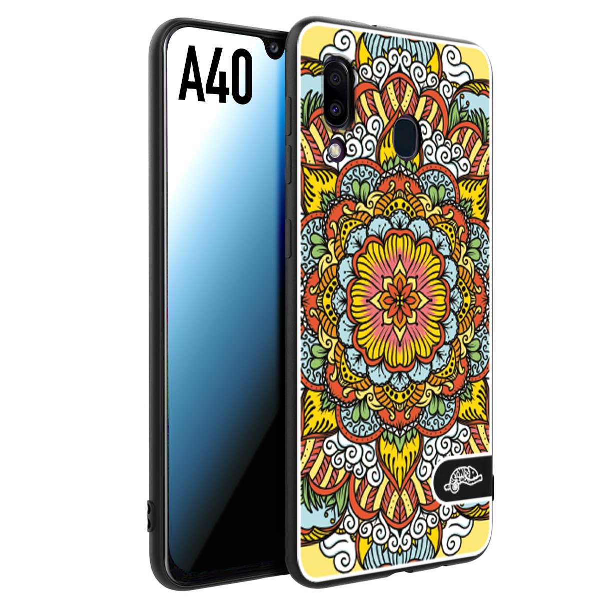 CUSTOMIZZA - Custodia cover nera morbida in tpu compatibile per Samsung A40 mandala colorato fiore nuvole arancione