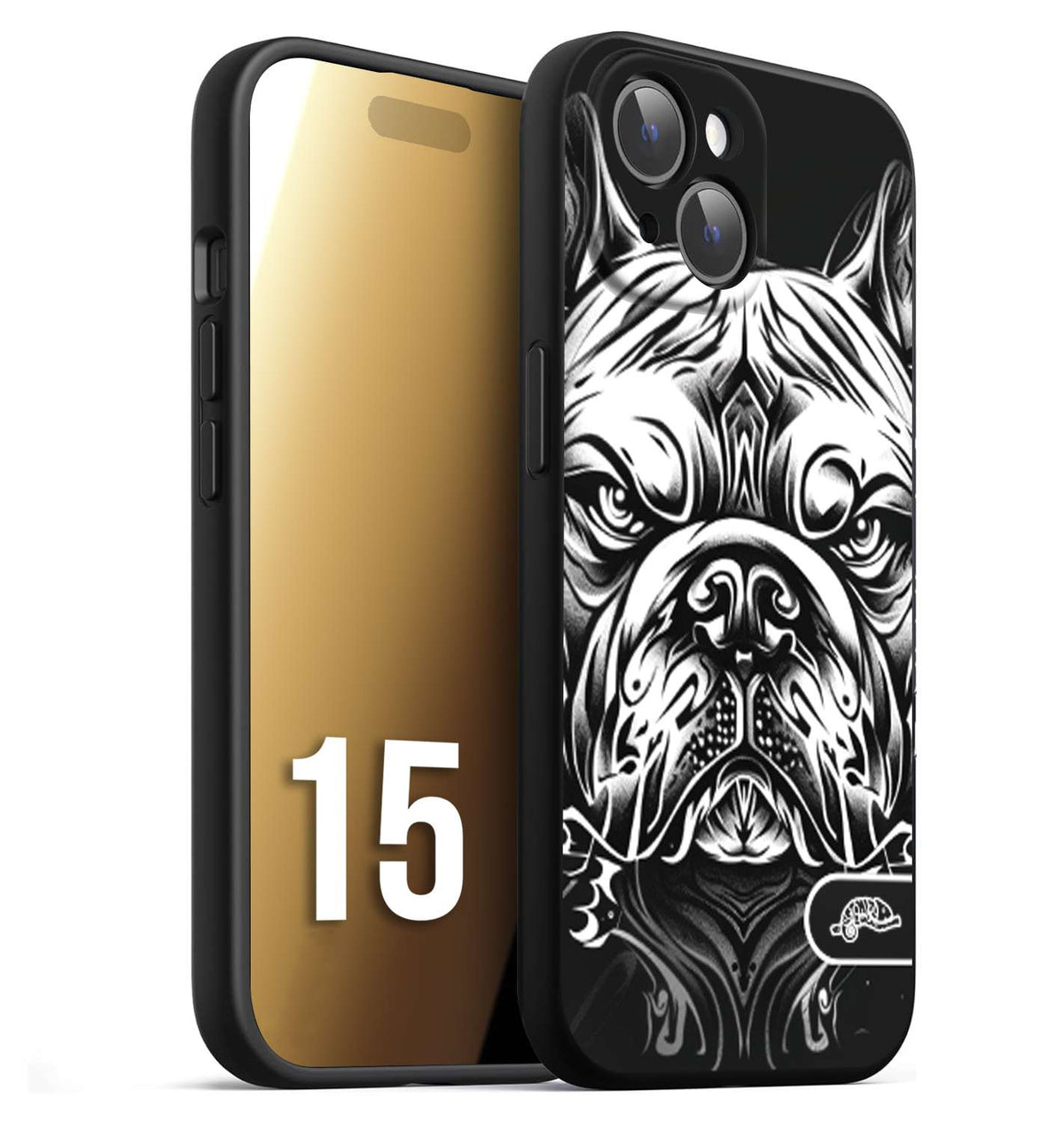 CUSTOMIZZA - Custodia cover nera morbida in tpu compatibile per iPhone 15 bulldog bianco a rilievo disegnato tattoo tatuaggio