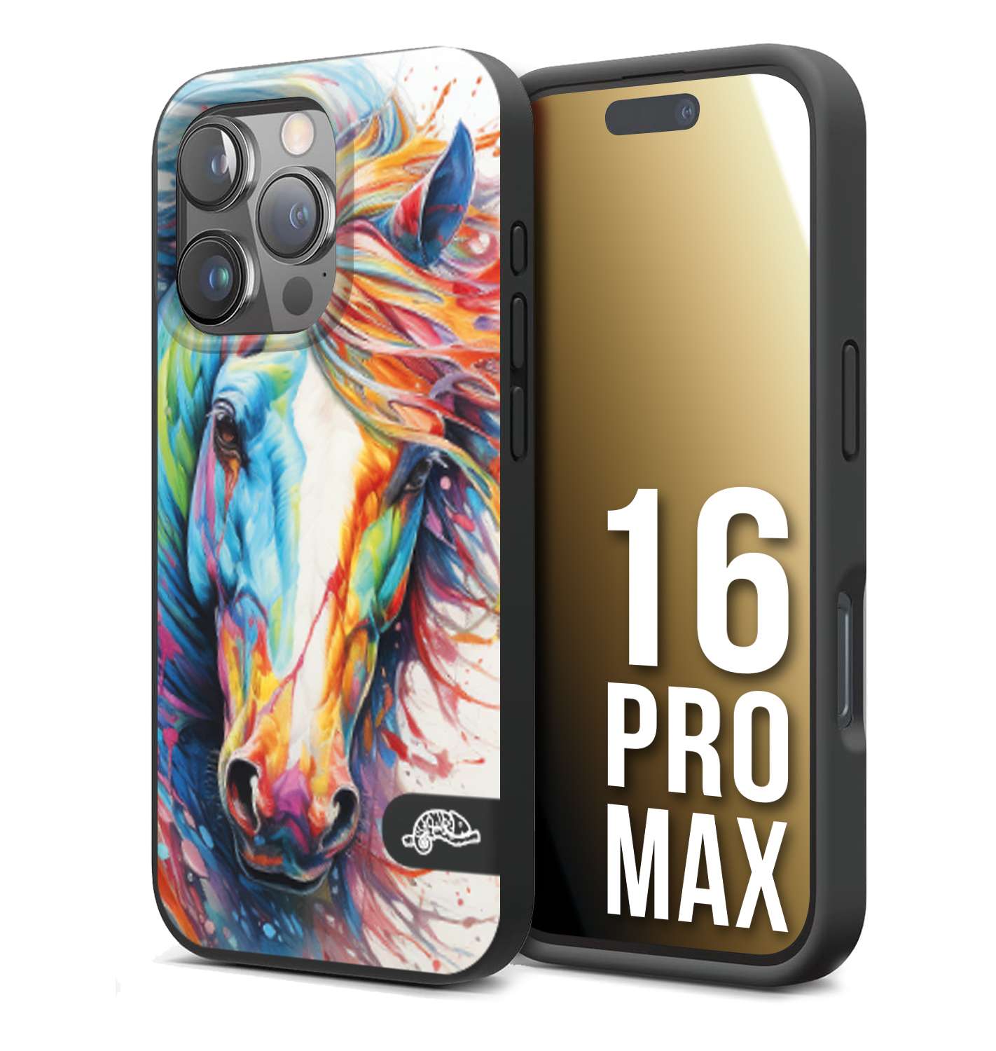 CUSTOMIZZA - Custodia cover nera morbida in tpu compatibile per iPhone 16 PRO MAX animali color cavallo horse viso colori vibranti disegnato schizzo