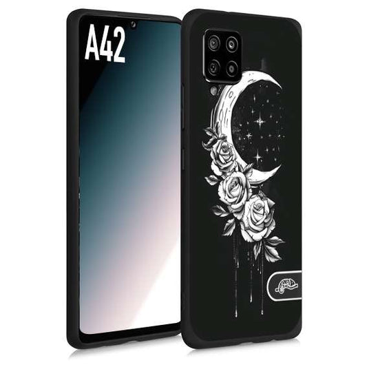 CUSTOMIZZA - Custodia cover nera morbida in tpu compatibile per Samsung A42 luna e fiori moon flowers black and white bianco a rilievo disegnato