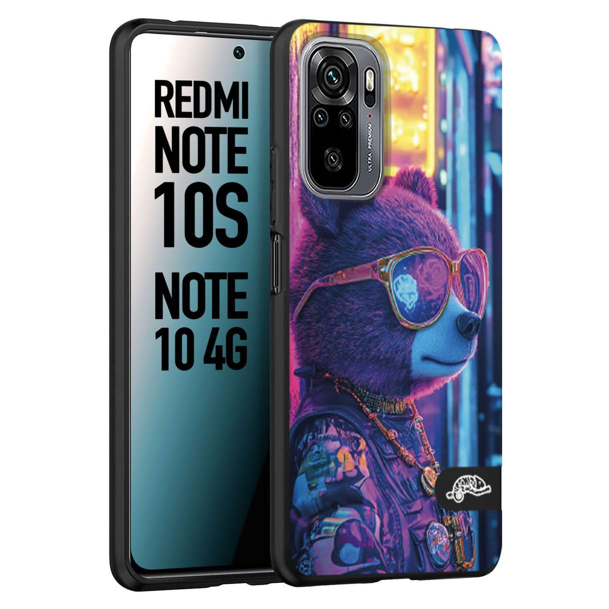 CUSTOMIZZA - Custodia cover nera morbida in tpu compatibile per Xiaomi Redmi Note 10S animali cyberpunk orsetto orso street bear fucsia blu night