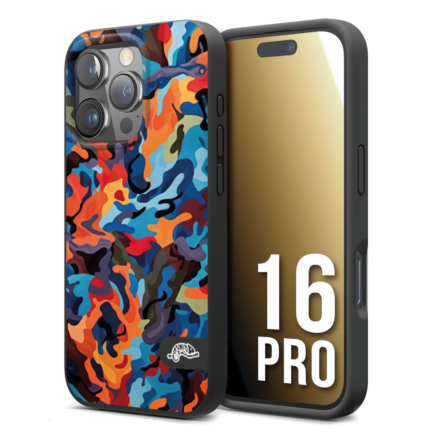 CUSTOMIZZA - Custodia cover nera morbida in tpu compatibile per iPhone 16 PRO camouflage mimetico militare moderno blu arancio rosso