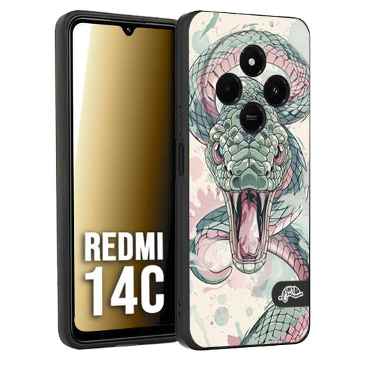 CUSTOMIZZA - Custodia cover nera morbida in tpu compatibile per Xiaomi Redmi 14C snake pink green serpente tatuaggio tattoo disegnato a mano
