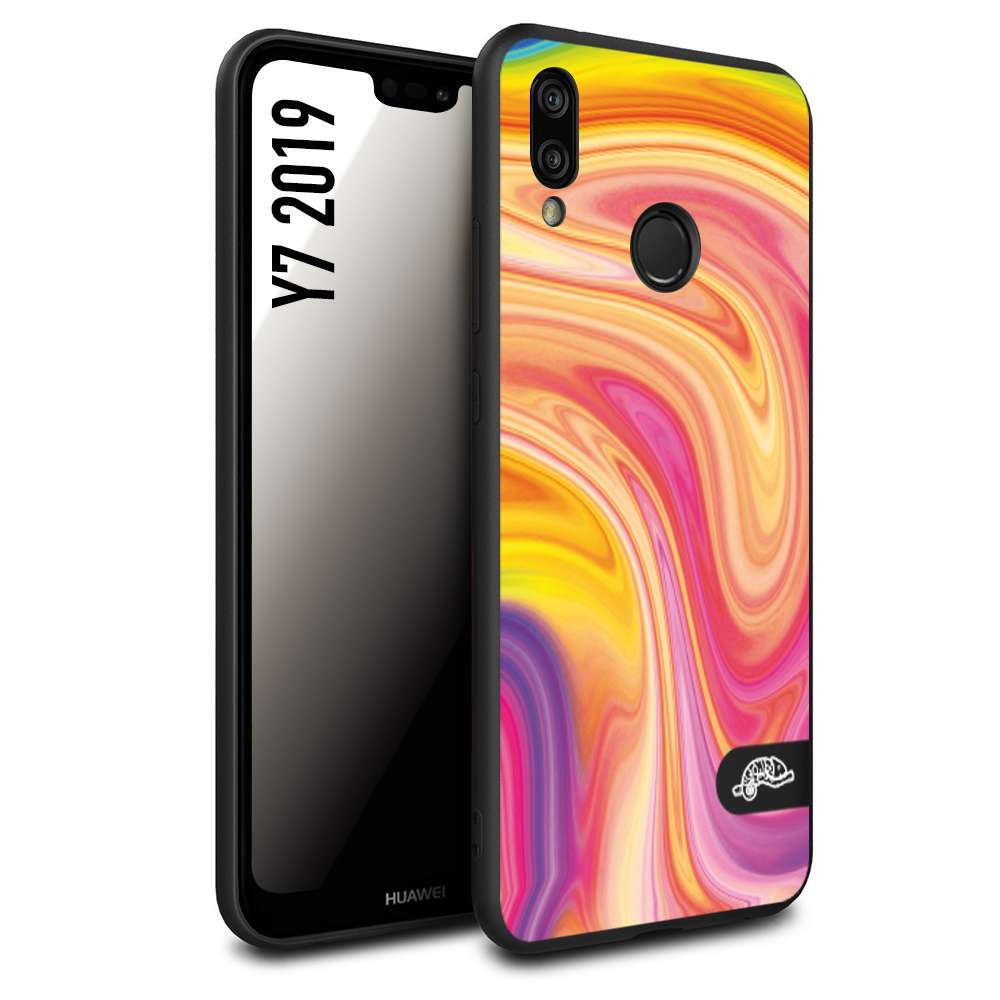 CUSTOMIZZA - Custodia cover nera morbida in tpu compatibile per Huawei Y7 2019 colorata fantasia vortice marmo onde rosa fucsia gialla