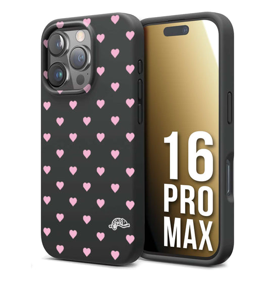 CUSTOMIZZA - Custodia cover nera morbida in tpu compatibile per iPhone 16 PRO MAX cuori pois rosa su nero donna pin up vintage