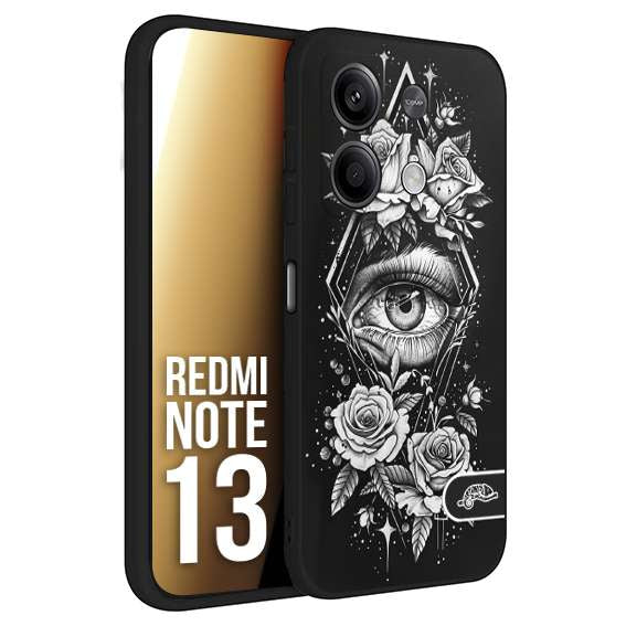 CUSTOMIZZA - Custodia cover nera morbida in tpu compatibile per Xiaomi Redmi Note 13 occhio fiori rombo geometrico black and white bianco a rilievo disegnato tattoo tatuaggio