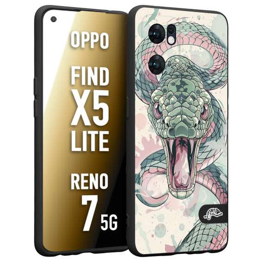 CUSTOMIZZA - Custodia cover nera morbida in tpu compatibile per Oppo Reno 7 - Find X5 LITE snake pink green serpente tatuaggio tattoo disegnato a mano