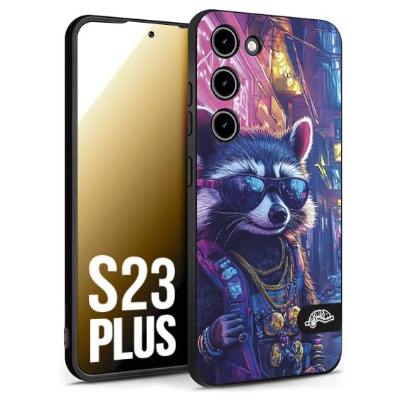 CUSTOMIZZA - Custodia cover nera morbida in tpu compatibile per Samsung S23 PLUS animali simpatici cyberpunk procione racoon street cat fucsia blu giallo