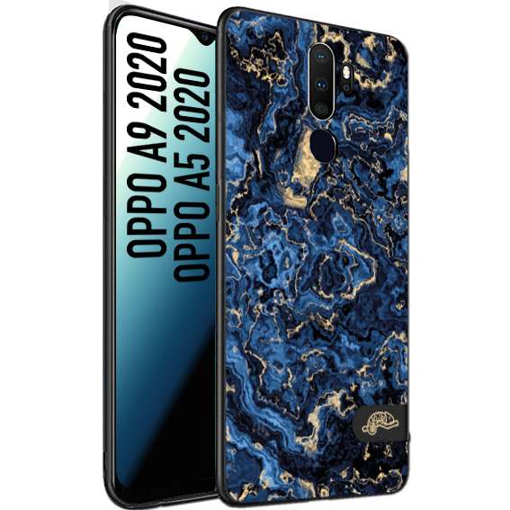 CUSTOMIZZA - Custodia cover nera morbida in tpu compatibile per Oppo A9 2020 - A5 2020 effetto marmo marble blu venature dorato psichedelico