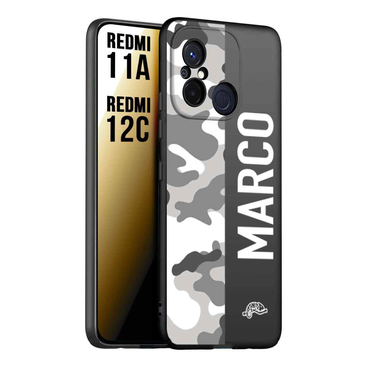 CUSTOMIZZA - Custodia cover nera morbida in tpu compatibile per Xiaomi Redmi 11A - 12C camouflage mimetico militare personalizzata nome bianco