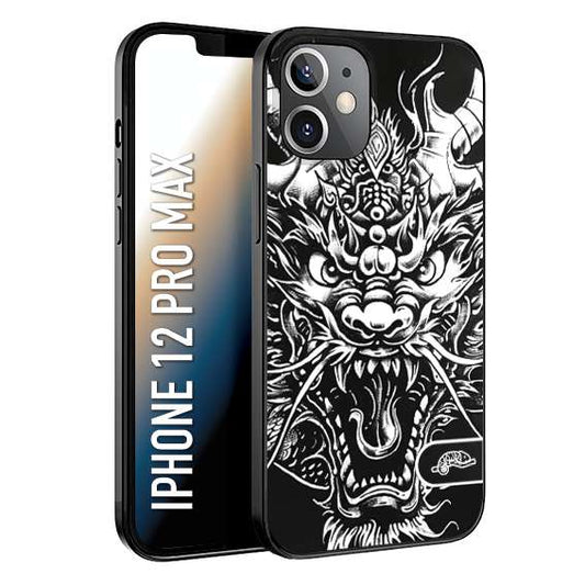 CUSTOMIZZA - Custodia cover nera morbida in tpu compatibile per iPhone 12 PRO MAX drago black and white bianco a rilievo disegnato tattoo tatuaggio