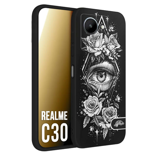 CUSTOMIZZA - Custodia cover nera morbida in tpu compatibile per Oppo Realme C30 occhio fiori rombo geometrico black and white bianco a rilievo disegnato tattoo tatuaggio