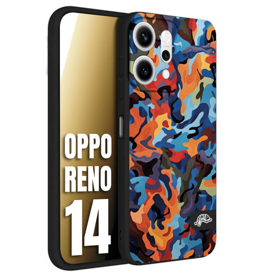 CUSTOMIZZA - Custodia cover nera morbida in tpu compatibile per Oppo Reno 14 camouflage mimetico militare moderno blu arancio rosso