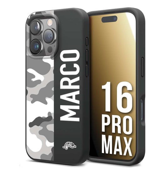 CUSTOMIZZA - Custodia cover nera morbida in tpu compatibile per iPhone 16 PRO MAX camouflage mimetico militare personalizzata nome bianco