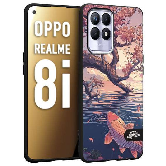 CUSTOMIZZA - Custodia cover nera morbida in tpu compatibile per Realme 8i giapponese lago carpa koi rosa con foglie d'acero disegnata tattoo