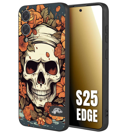 CUSTOMIZZA - Custodia cover nera morbida in tpu compatibile per Samsung S25 EDGE teschio skull flowers fiori tattoo disegnato alta definizione