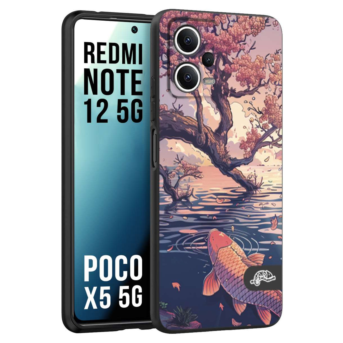 CUSTOMIZZA - Custodia cover nera morbida in tpu compatibile per Xiaomi Redmi Note 12 5G - POCO X5 5G giapponese lago carpa koi rosa con foglie d'acero disegnata tattoo