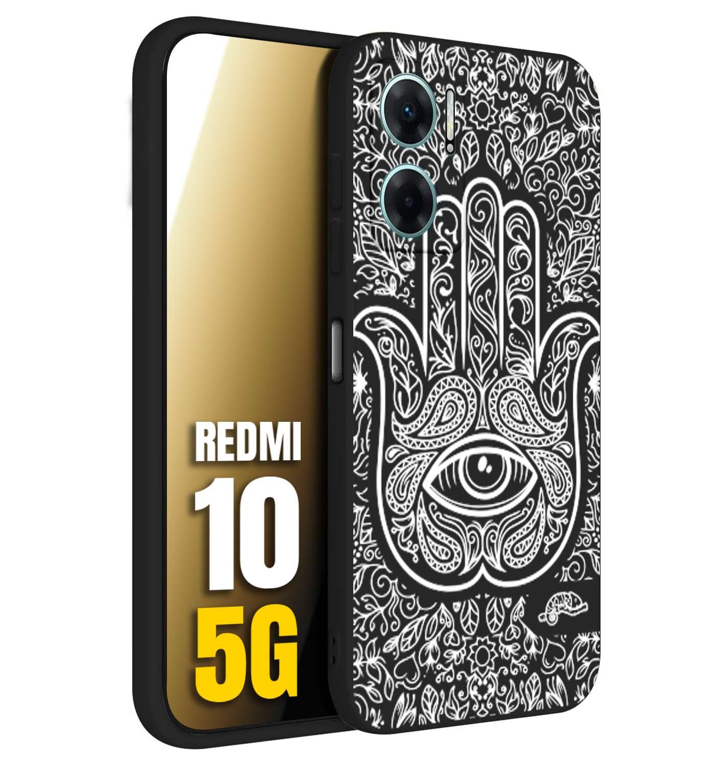 CUSTOMIZZA - Custodia cover nera morbida in tpu compatibile per Xiaomi Redmi 10 5G mano di fatima effetto rilievo mandala donna