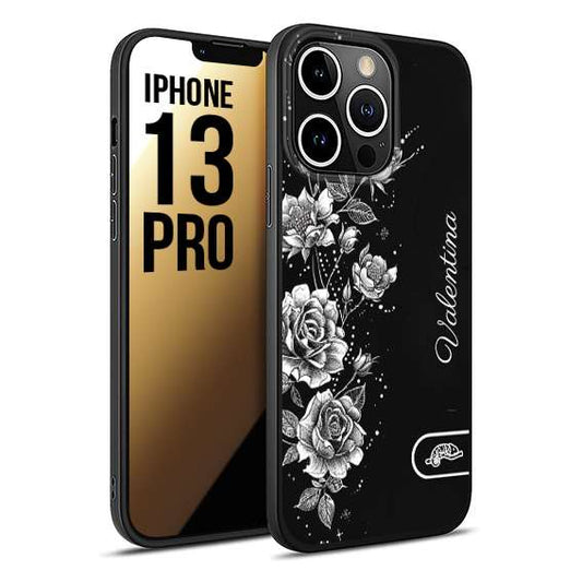 CUSTOMIZZA - Custodia cover nera morbida in tpu compatibile per iPhone 13 PRO a rilievo soft touch personalizzata nome rose fiori donna