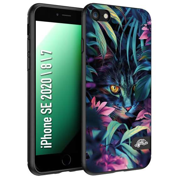CUSTOMIZZA - Custodia cover nera morbida in tpu compatibile per iPhone 7 - 8 - SE 2020 / 2022 animali color giungla tropicale occhio di gatto colori vibranti disegnato