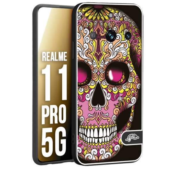 CUSTOMIZZA - Custodia cover nera morbida in tpu compatibile per Realme 11 PRO 5G teschio messicano Mexican skull rosa gialla