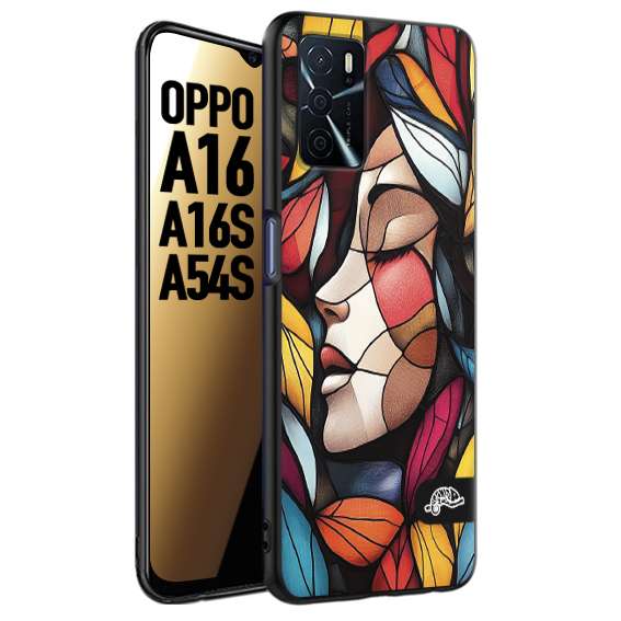 CUSTOMIZZA - Custodia cover nera morbida in tpu compatibile per Oppo A16 - A16S - A54S Vetrata artistica volto di donna profilo fogliare mosaico di vetro colorato