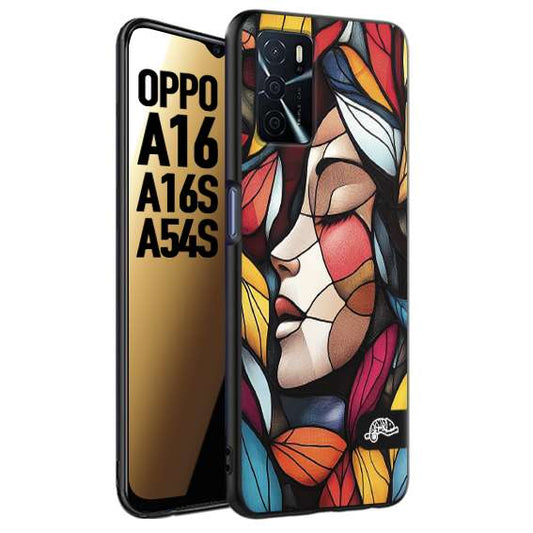 CUSTOMIZZA - Custodia cover nera morbida in tpu compatibile per Oppo A16 - A16S - A54S Vetrata artistica volto di donna profilo fogliare mosaico di vetro colorato