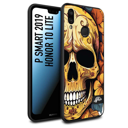 CUSTOMIZZA - Custodia cover nera morbida in tpu compatibile per Huawei P SMART 2019 teschio messicano colorato dorato fiori autunnali disegnato