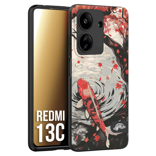 CUSTOMIZZA - Custodia cover nera morbida in tpu compatibile per Xiaomi Redmi 13C giapponese lago carpa koi rossa con foglie d'acero rosso disegnata tattoo