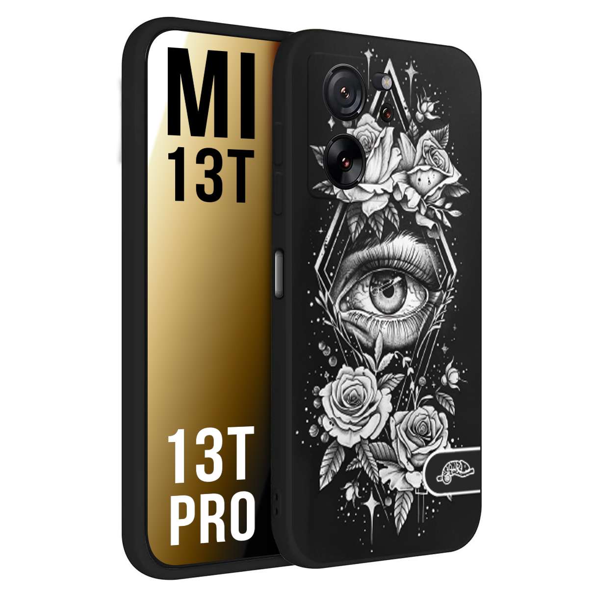 CUSTOMIZZA - Custodia cover nera morbida in tpu compatibile per Xiaomi 13T - 13T PRO occhio fiori rombo geometrico black and white bianco a rilievo disegnato tattoo tatuaggio