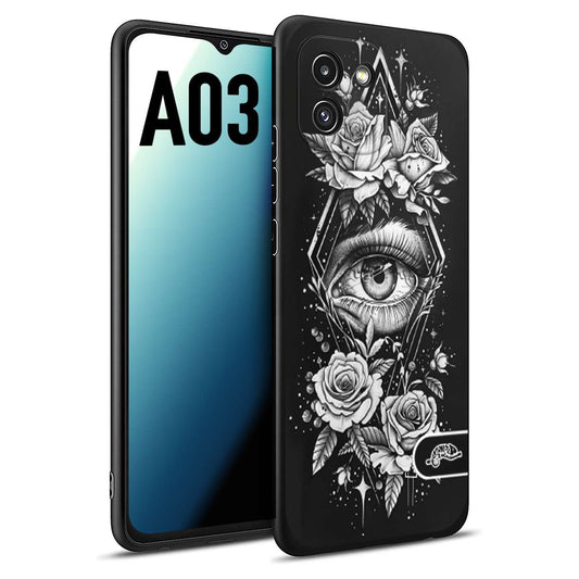 CUSTOMIZZA - Custodia cover nera morbida in tpu compatibile per Samsung A03 occhio fiori rombo geometrico black and white bianco a rilievo disegnato tattoo tatuaggio