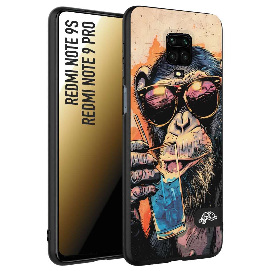 CUSTOMIZZA - Custodia cover nera morbida in tpu compatibile per Xiaomi Redmi Note 9S - Note 9 PRO estate disegnata cocktails animali simpatici scimmia monkey negroni