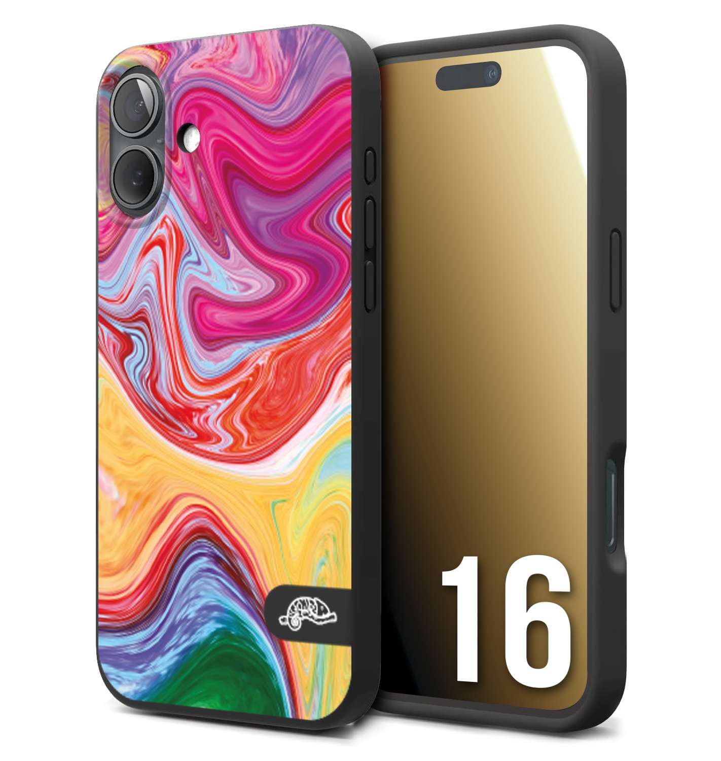 CUSTOMIZZA - Custodia cover nera morbida in tpu compatibile per iPhone 16 colorata fantasia vortice marmo onde verde fucsia gialla