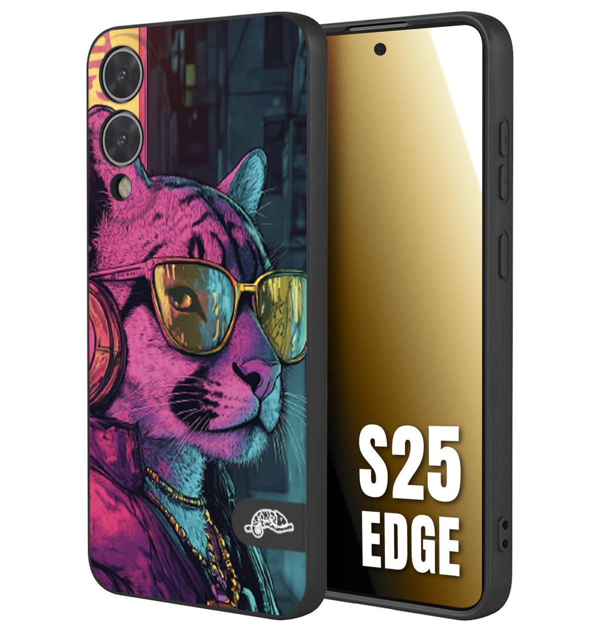 CUSTOMIZZA - Custodia cover nera morbida in tpu compatibile per Samsung S25 EDGE animali cyberpunk pantera street cat fucsia blu giallo