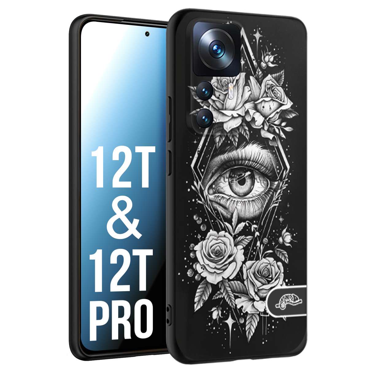 CUSTOMIZZA - Custodia cover nera morbida in tpu compatibile per Xiaomi 12T - 12T PRO occhio fiori rombo geometrico black and white bianco a rilievo disegnato tattoo tatuaggio