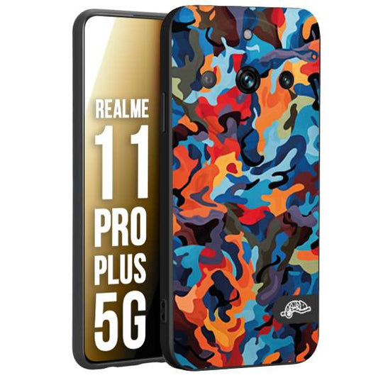 CUSTOMIZZA - Custodia cover nera morbida in tpu compatibile per Oppo Realme 11 PRO PLUS 5G camouflage mimetico militare moderno blu arancio rosso