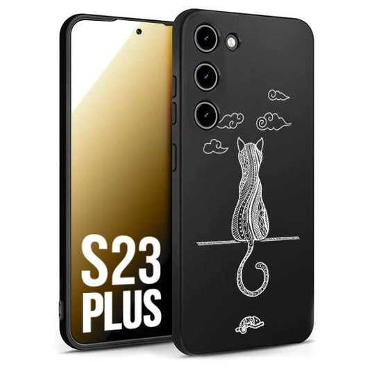 CUSTOMIZZA - Custodia cover nera morbida in tpu compatibile per Samsung S23 PLUS gatto mandala stilizzato gattino a rilievo soft touch donna bianca
